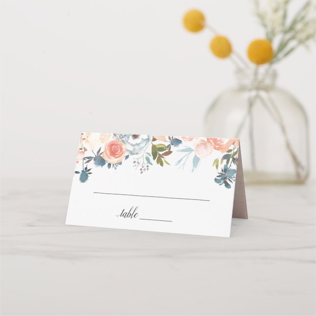 Peach Watercolor Floral Wedding Place Card (Front)