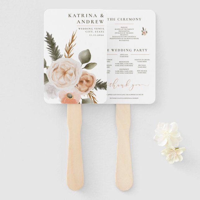 Peach Watercolor Floral Wedding Program Fans (Front and Back)