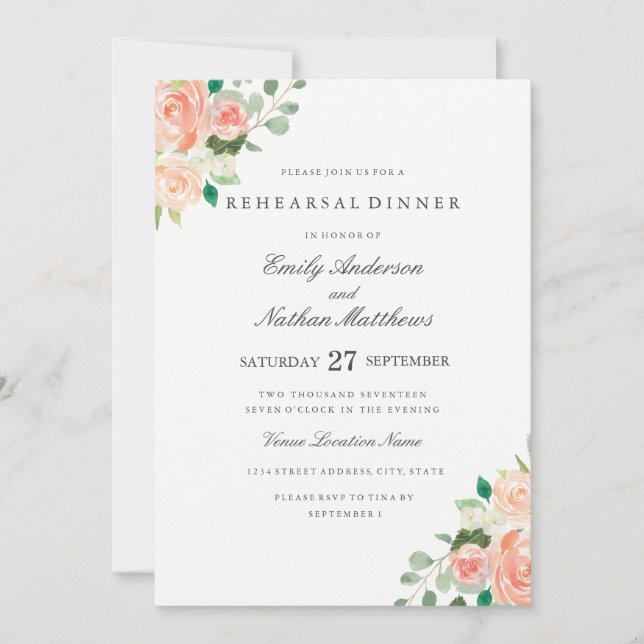 Peach Watercolor Floral Wedding Rehearsal Dinner Invitation (Front)