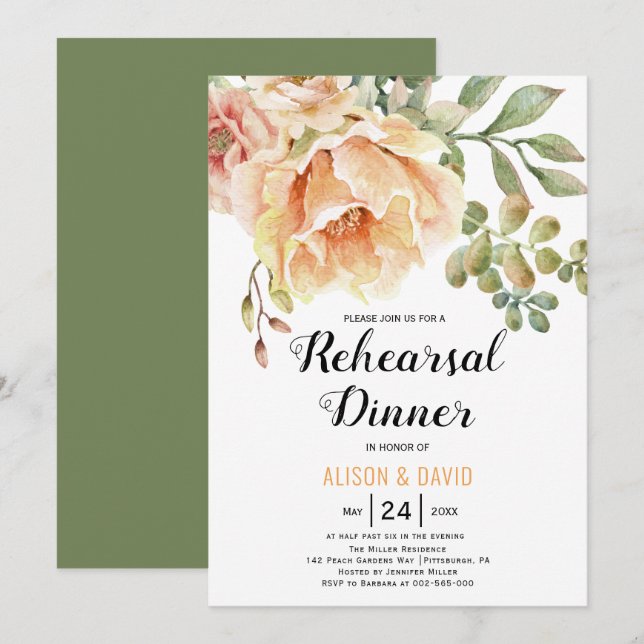 Peach watercolor floral wedding rehearsal dinner invitation (Front/Back)