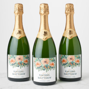 Peach Watercolor Floral Wedding Sparkling Wine Label
