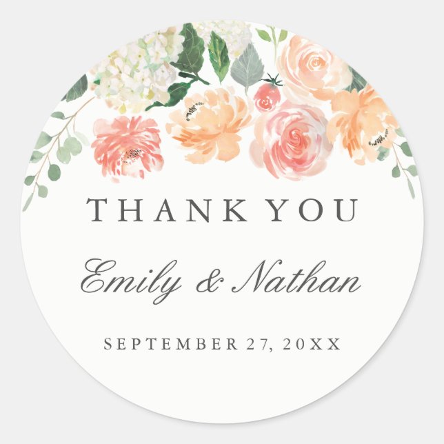 Peach Watercolor Floral Wedding Thank You Sticker (Front)