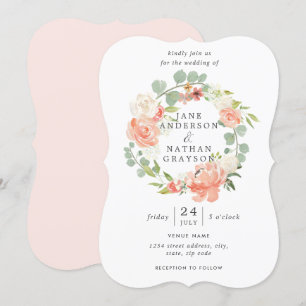 Peach Watercolor Floral Wreath Wedding Invitation
