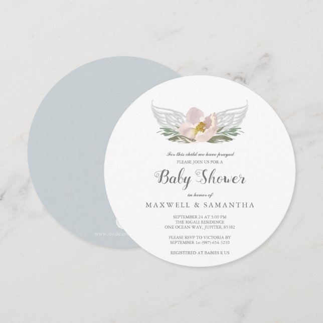 Peach Watercolor Florals Angel Wings Baby Shower Invitation (Front/Back)