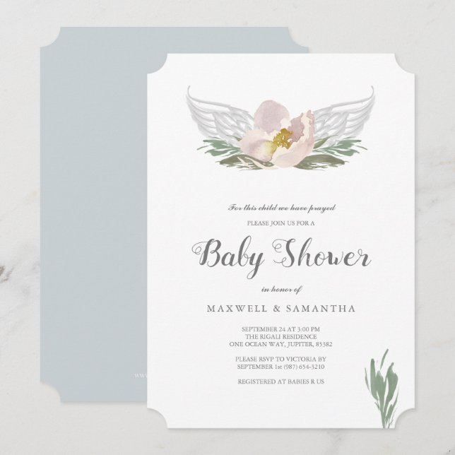 Peach Watercolor Florals Angel Wings Baby Shower Invitation (Front/Back)