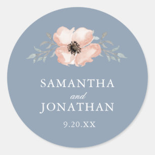 Peach Watercolor Flower Dark Dusty Blue Wedding Classic Round Sticker