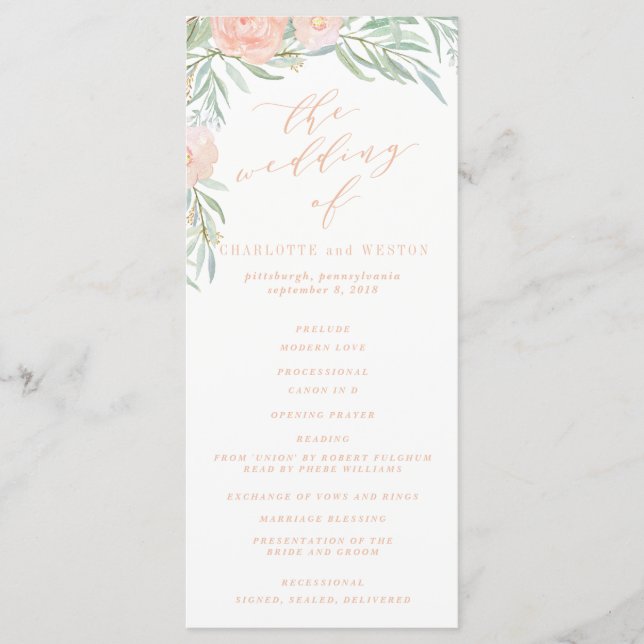 Peach Watercolor Flower Wedding Program Programme (Front)