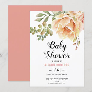 Peach watercolor flowers and leaves baby shower invitation