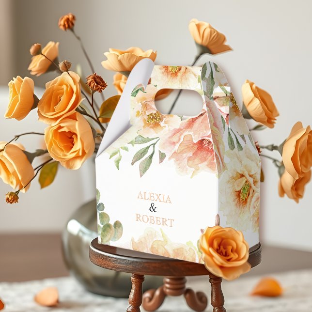 Peach watercolor flowers and leaves wedding favour box (Creator Uploaded)