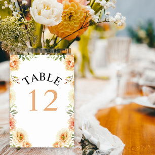 Peach watercolor flowers and leaves wedding table number