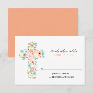 Peach Watercolor Flowers Cross First Communion Invitation