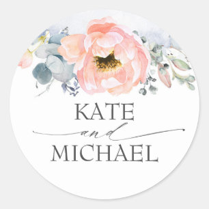 Peach Watercolor Flowers Dusty Blue Wedding Classic Round Sticker