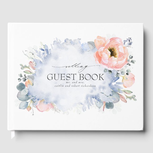 Peach Watercolor Flowers Dusty Blue Wedding Guest Book (Front)