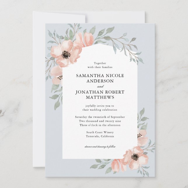 Peach Watercolor Flowers Dusty Blue Wedding Invitation (Front)