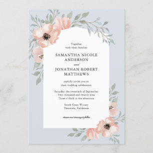 Peach Watercolor Flowers Dusty Blue Wedding Invitation