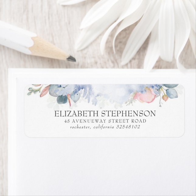 Peach Watercolor Flowers Elegant Dusty Blue (Insitu)