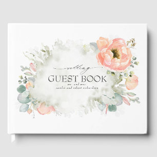 Peach Watercolor Flowers Elegant Wedding Guest Book