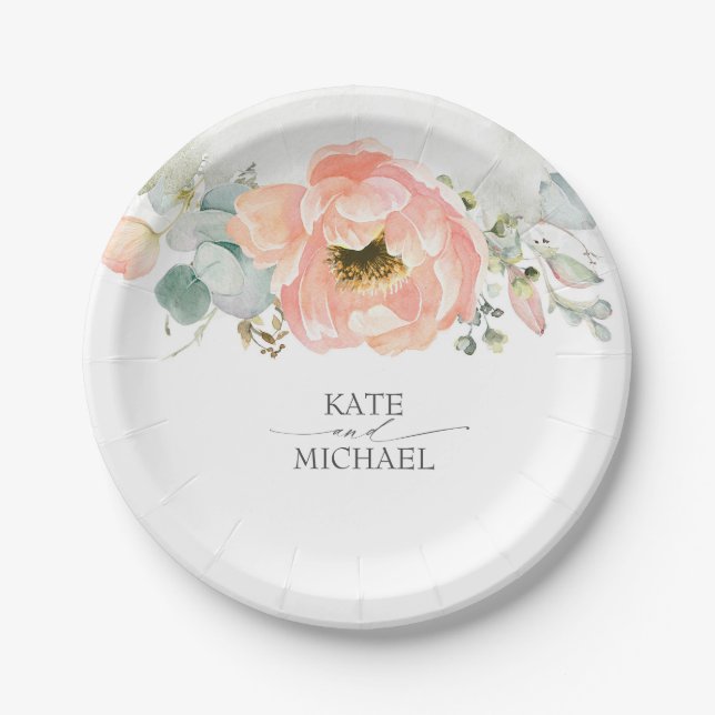 Peach Watercolor Flowers Elegant Wedding Paper Plate (Front)
