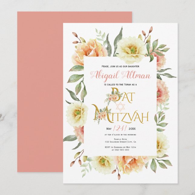 Peach watercolor flowers floral Bat Mitzvah Invitation (Front/Back)