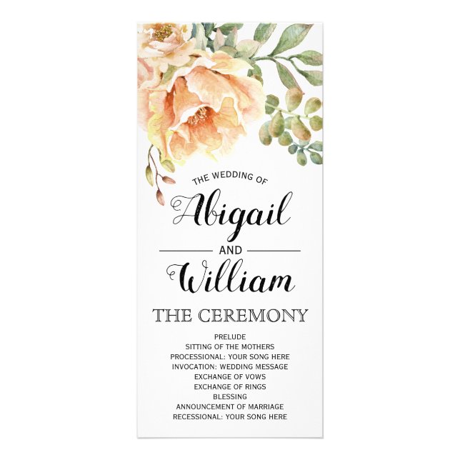 Peach watercolor flowers floral wedding program rack card (Front)