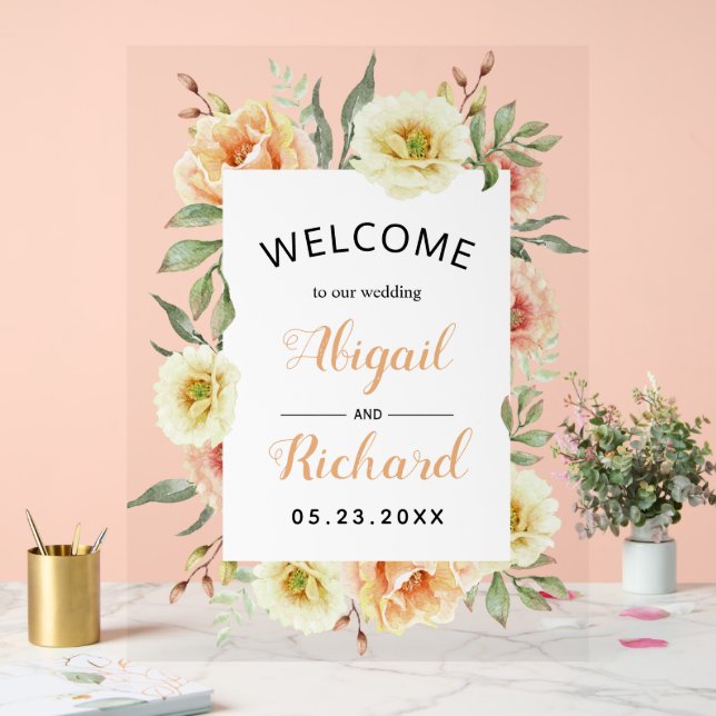 Peach watercolor flowers floral wedding welcome acrylic sign (Wedding)