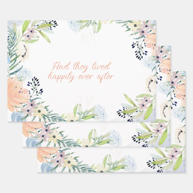 Peach Watercolor Flowers Frame Personalised  Wrapping Paper Sheet (Set)