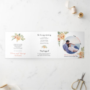 Peach watercolor flowers, green leaves, photo Tri-Fold Programme