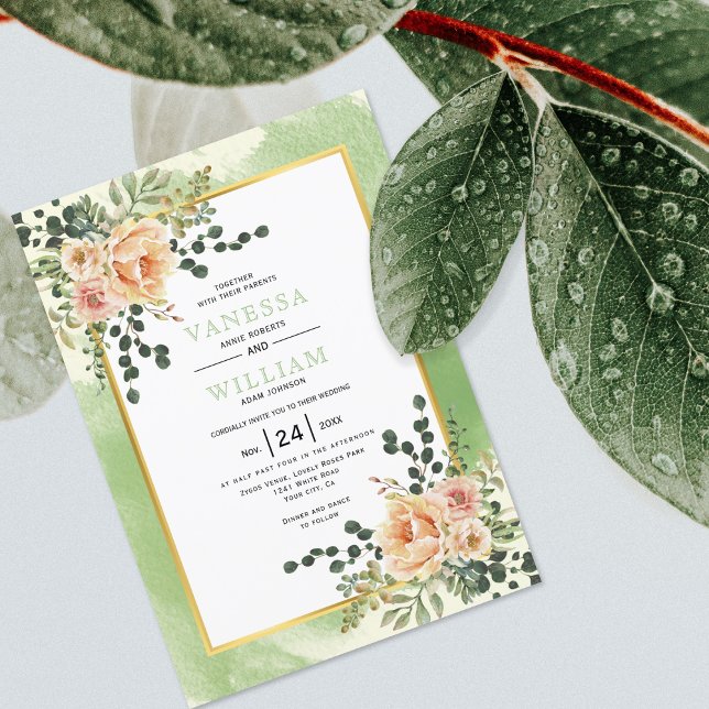 Peach watercolor flowers sage floral wedding invitation (Creator Uploaded)