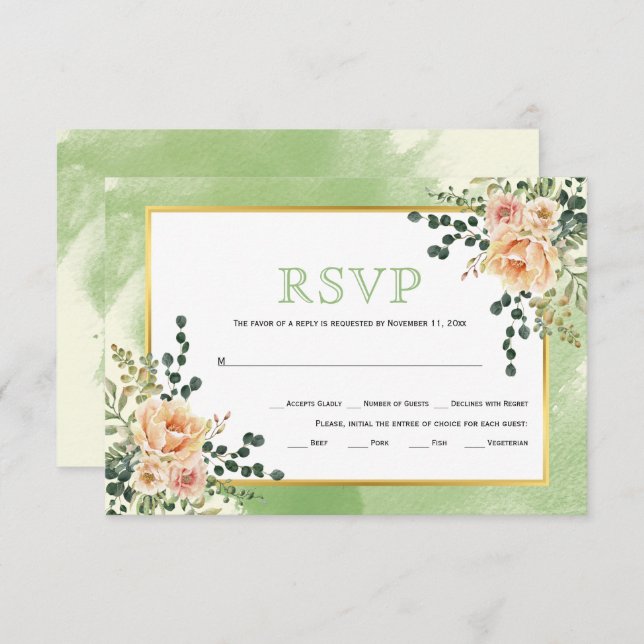 Peach watercolor flowers sage floral wedding RSVP (Front/Back)