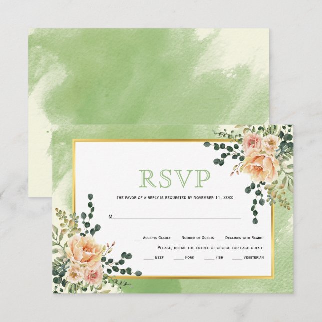 Peach watercolor flowers sage floral wedding RSVP Card (Front/Back)