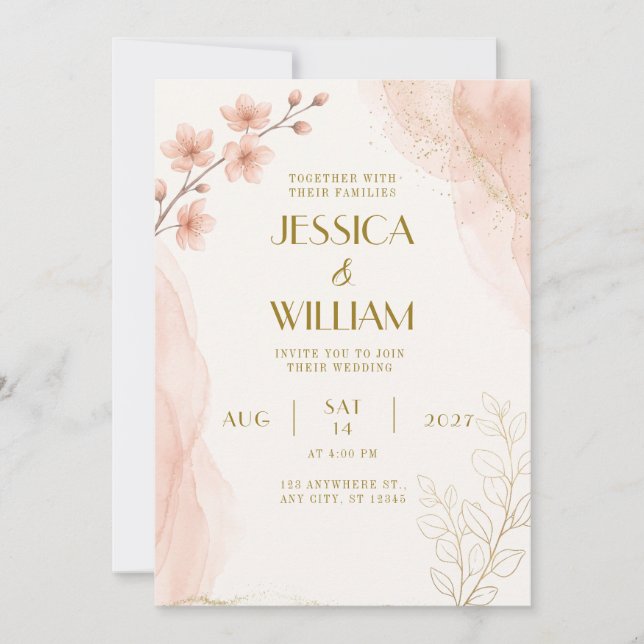 Peach Watercolor Glitter Sakura Wedding Invitation (Front)