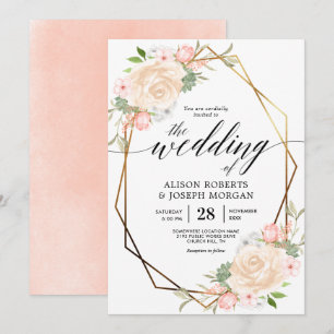 Peach watercolor gold geometric frame wedding invitation