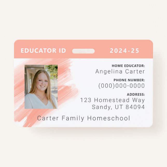 Peach Watercolor Homeschool Educator ID Badge (Front)