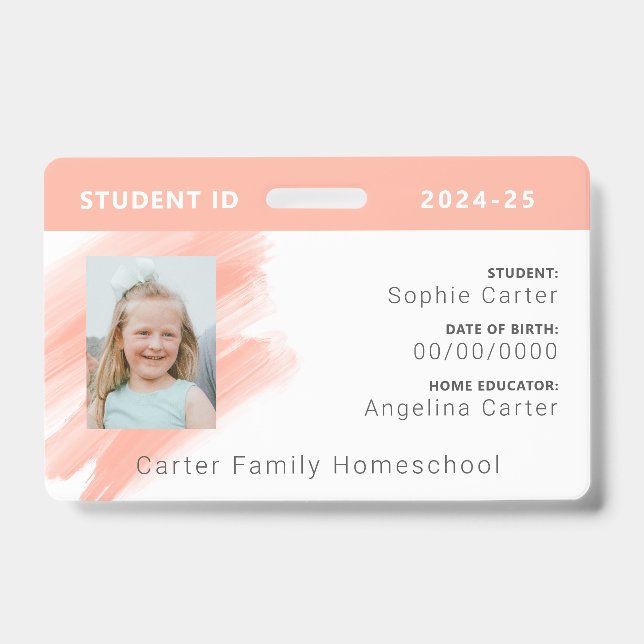 Peach Watercolor Homeschool Student ID Badge (Front)