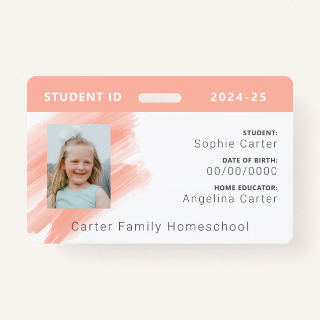 Peach Watercolor Homeschool Student ID Badge (Front)