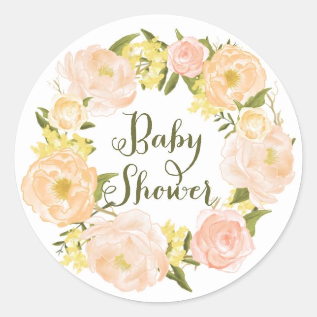 Peach Watercolor Peonies Wreath Baby Shower Classic Round Sticker (Front)