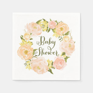 Peach Watercolor Peonies Wreath Baby Shower Napkin