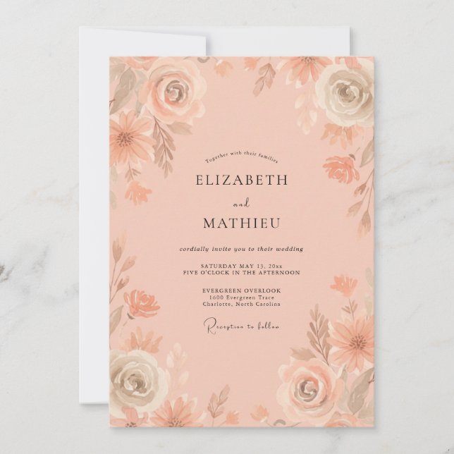 Peach Watercolor Peony Wedding Invitation (Front)