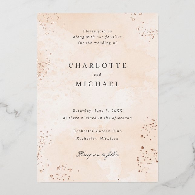 Peach watercolor rose gold foil wedding (Front)