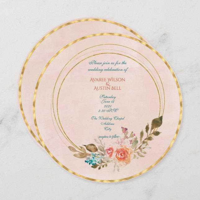 Peach Watercolor Roses and Gold Geometric Frame  Invitation (Front/Back)