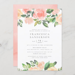 Peach Watercolor Roses   Elegant Bridal Shower Invitation