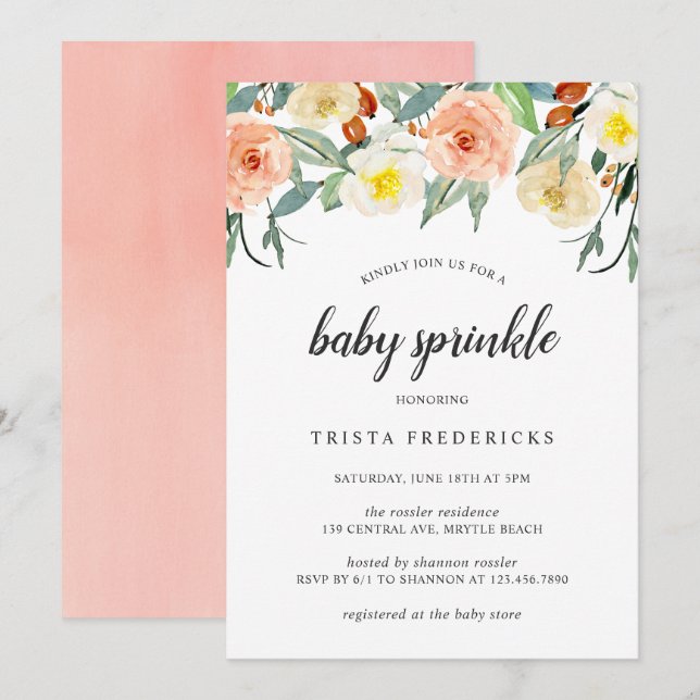 Peach Watercolor Roses Floral Girl Baby Sprinkle Invitation (Front/Back)