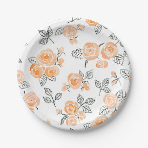 Peach watercolor roses pattern paper plate