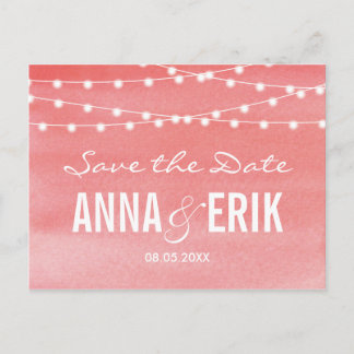 Peach Watercolor String Lights Save The Date Announcement Postcard