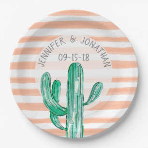 Peach Watercolor Stripes Cactus Southwest Wedding Paper Plate