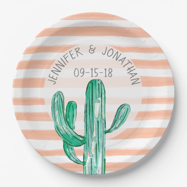Peach Watercolor Stripes Cactus Southwest Wedding Paper Plate (Front)