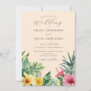Peach Watercolor Tropical Floral Greenery Wedding Invitation