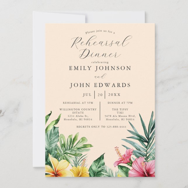 Peach Watercolor Tropical Flowers Rehearsal Dinner Invitation (Front)