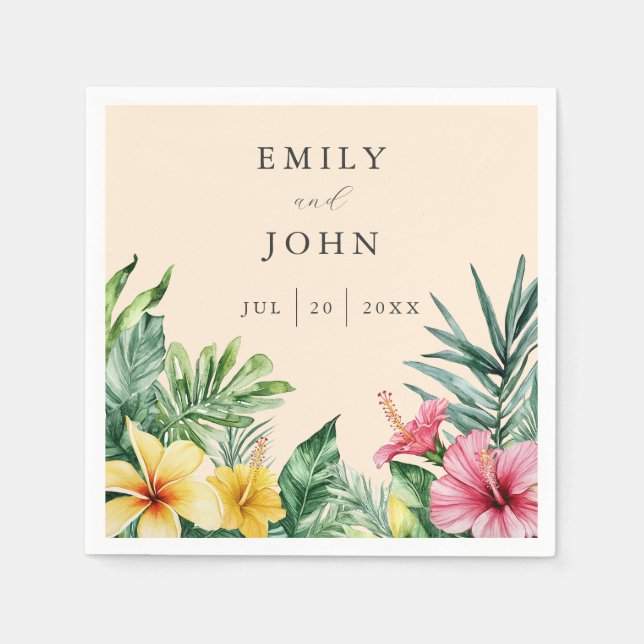 Peach Watercolor Tropical Flowers Wedding Napkin (Front)
