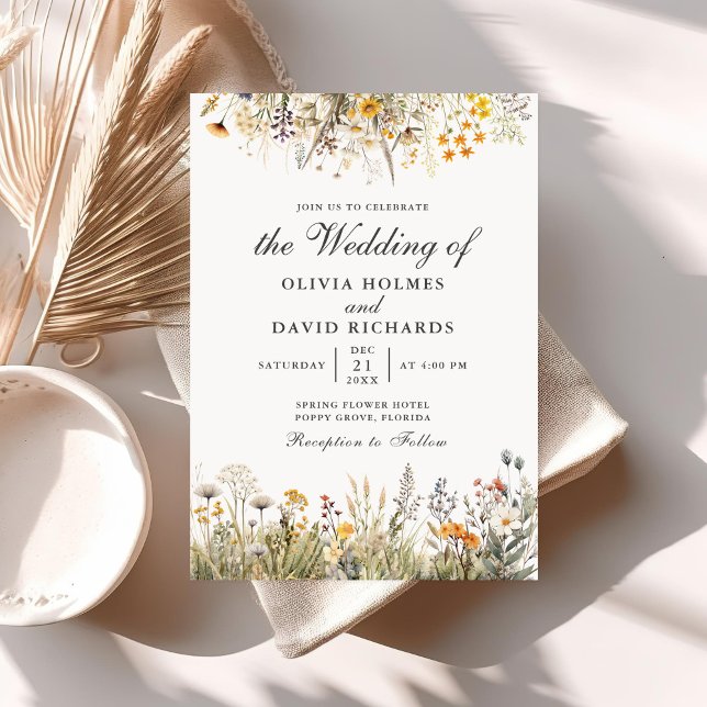 Peach Watercolor Wildflower Meadow Wedding Invite (Peach Watercolor Wildflower Meadow Wedding Invite on a table with neutral boho decoration.)
